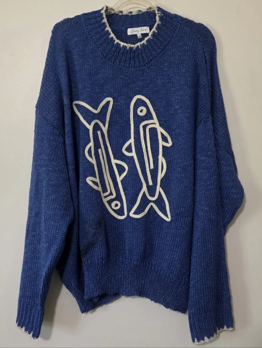 Emory Park Coastal Catch Oversized Sweater Beach Vacation Fish Embroidery Large